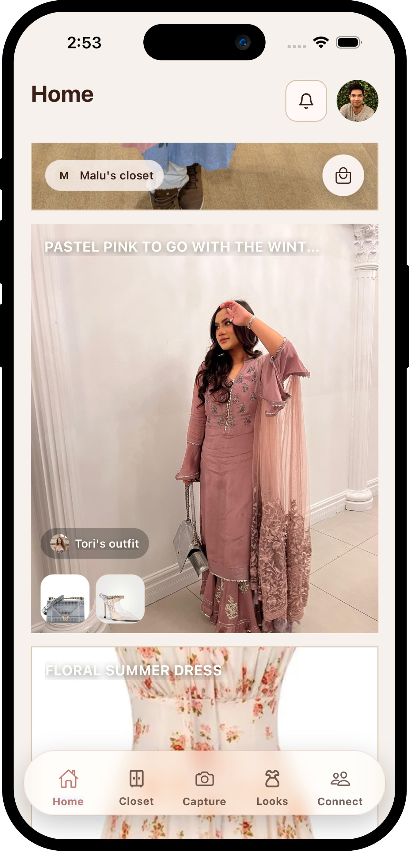 App home feed showing outfit inspiration from real closets.