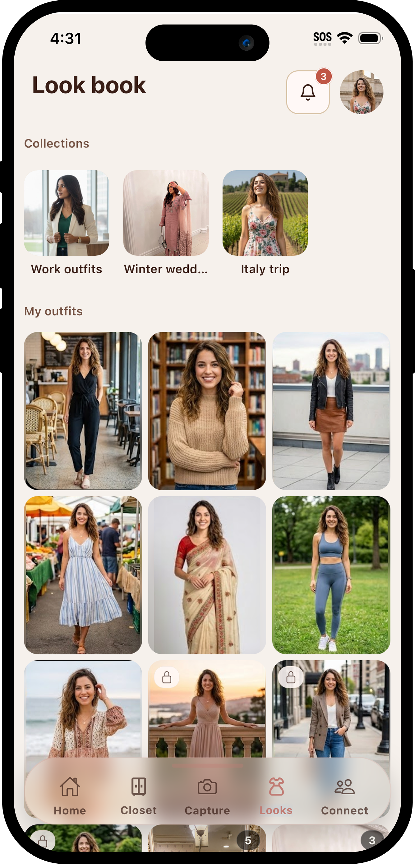 App lookbook screen for curating and organizing personal outfits.